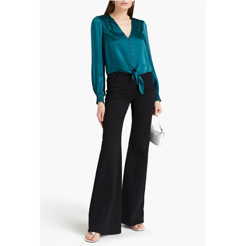 CAMI NYC Ryleigh Knotted Tie-Front Silk-Satin Charmeuse Blouse / Small / Teal